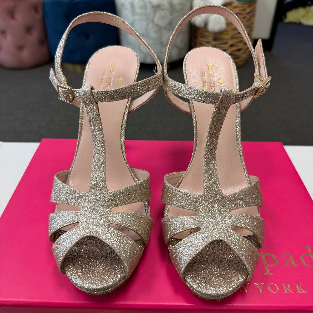 Kate Spade New York Feodora Gold Glitter T-Strap Heels Sandals Womens Size 9M